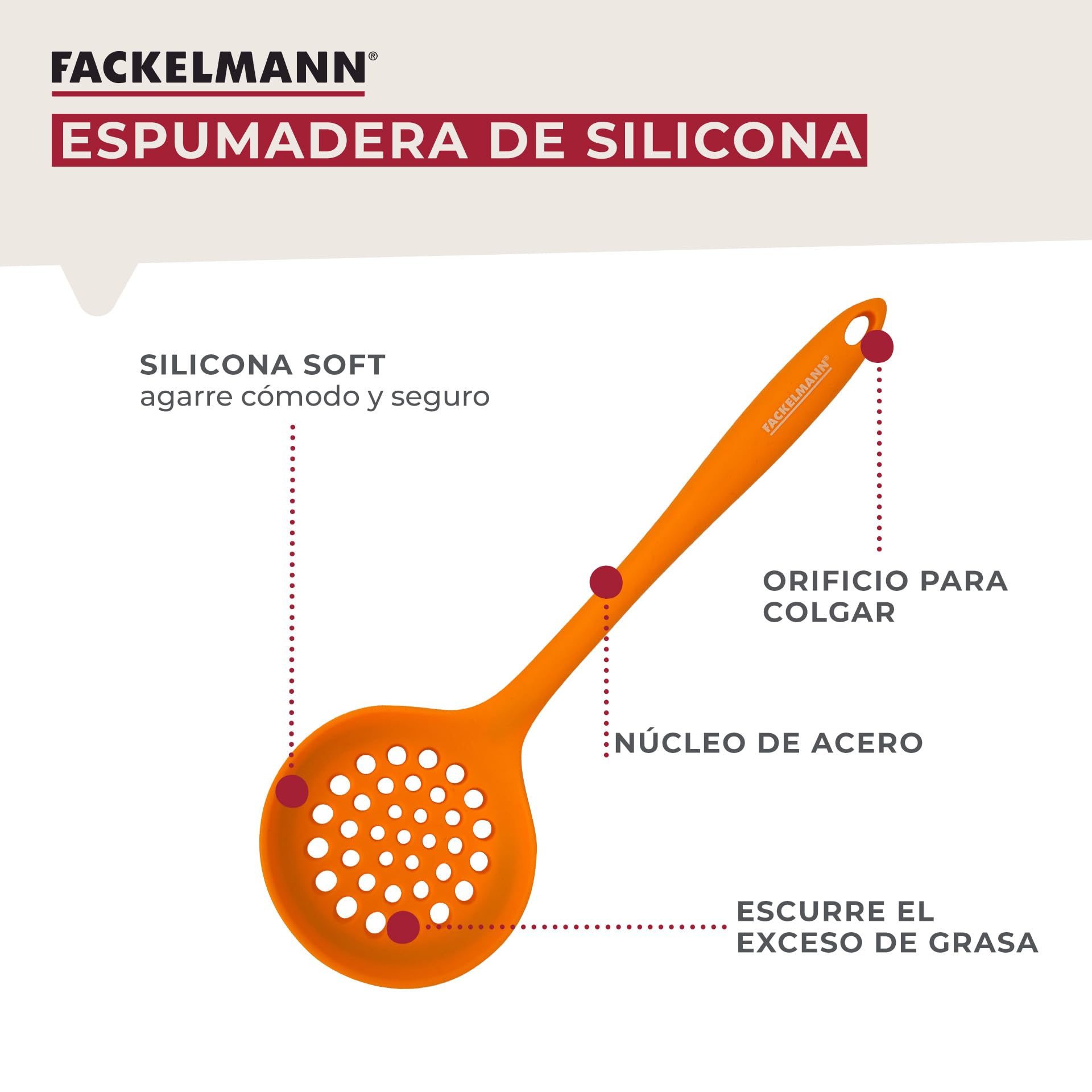 Fackelmann Espumadera de Cocina, Óptima para Freír, Silicona de Tacto Suave, Apta para Sartenes y Ollas con Revestimiento, Resistente hasta 230ºC, Apta para Lavavajillas, Color Naranja, 29x7 cm, 1 ud.