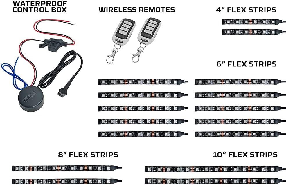 LEDGlow 16pc Advanced Million Color LED Motorcycle Accent Underlow Light Kit - 15 Solid Colors - 6 Patterns - Multi-Color Flexible Strips - Includes Waterproof Control Box & 2 Wireless Remotes