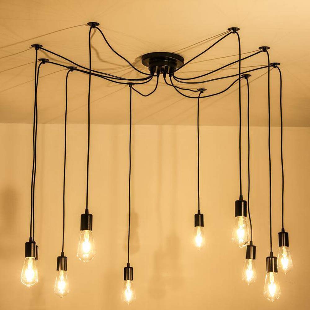 Idegu Black, 10 Lights Modern And Retro Pendant Light, 10 Arms Diy Spider Chandelier Creative Adjustable 150Cm Vintage Ceiling Pendant Lamp Fixture With E27 Socket, Black (10 Lights)