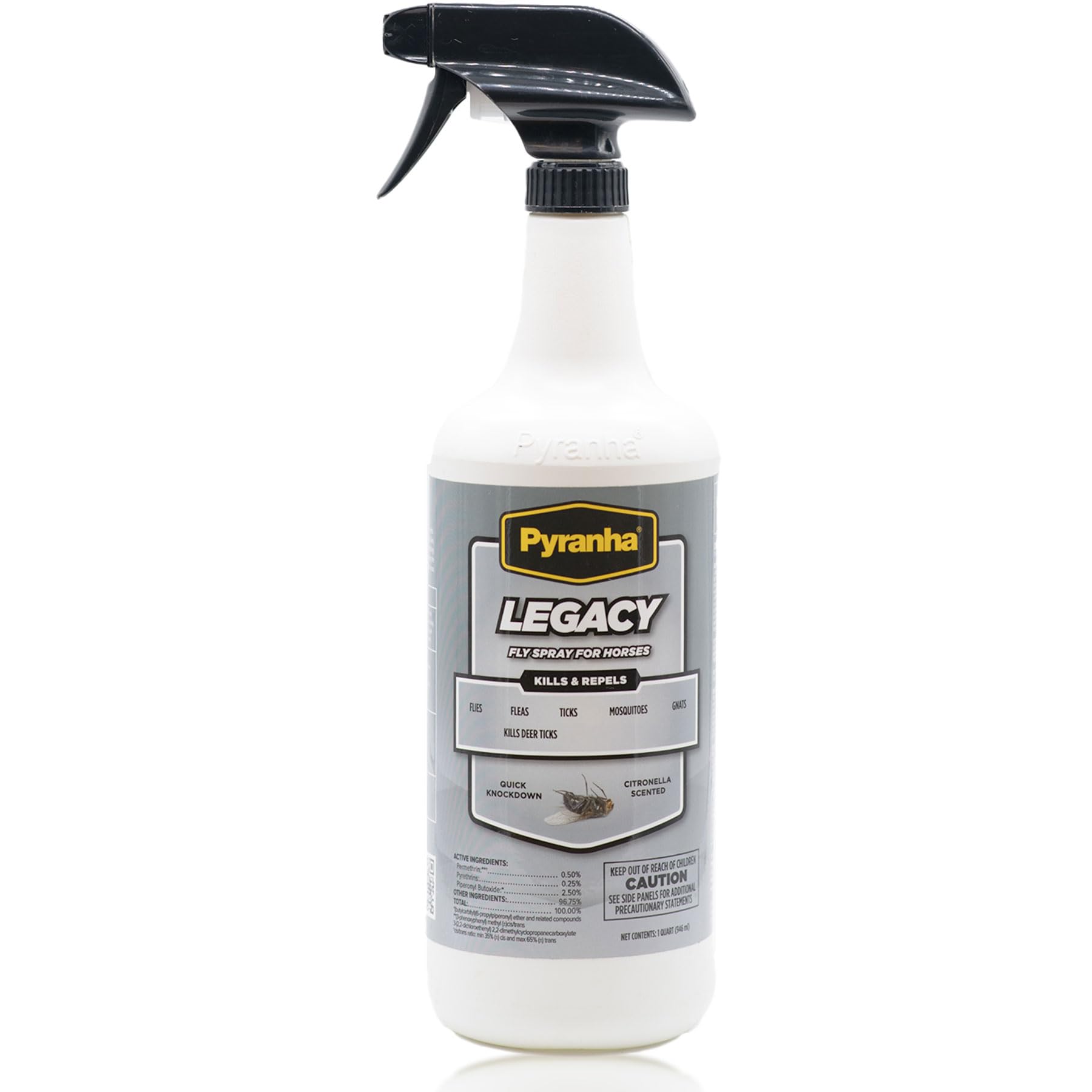 PYRANHA Legacy Fly Spray for Horses - Water-Based Long Lasting Fly Control Repels Horn, Deer, Horse, House, Stable, & Face Flies, Ticks, Mites, Mosquitoes, Gnats & Lice, 1 Quart