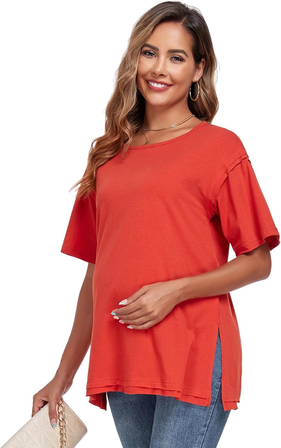 Womens Oversized T Shirts Short Sleeve Loose Maternity Shirt Pregnancy Tops Side Split Crewneck Tunic Tees - Image 3