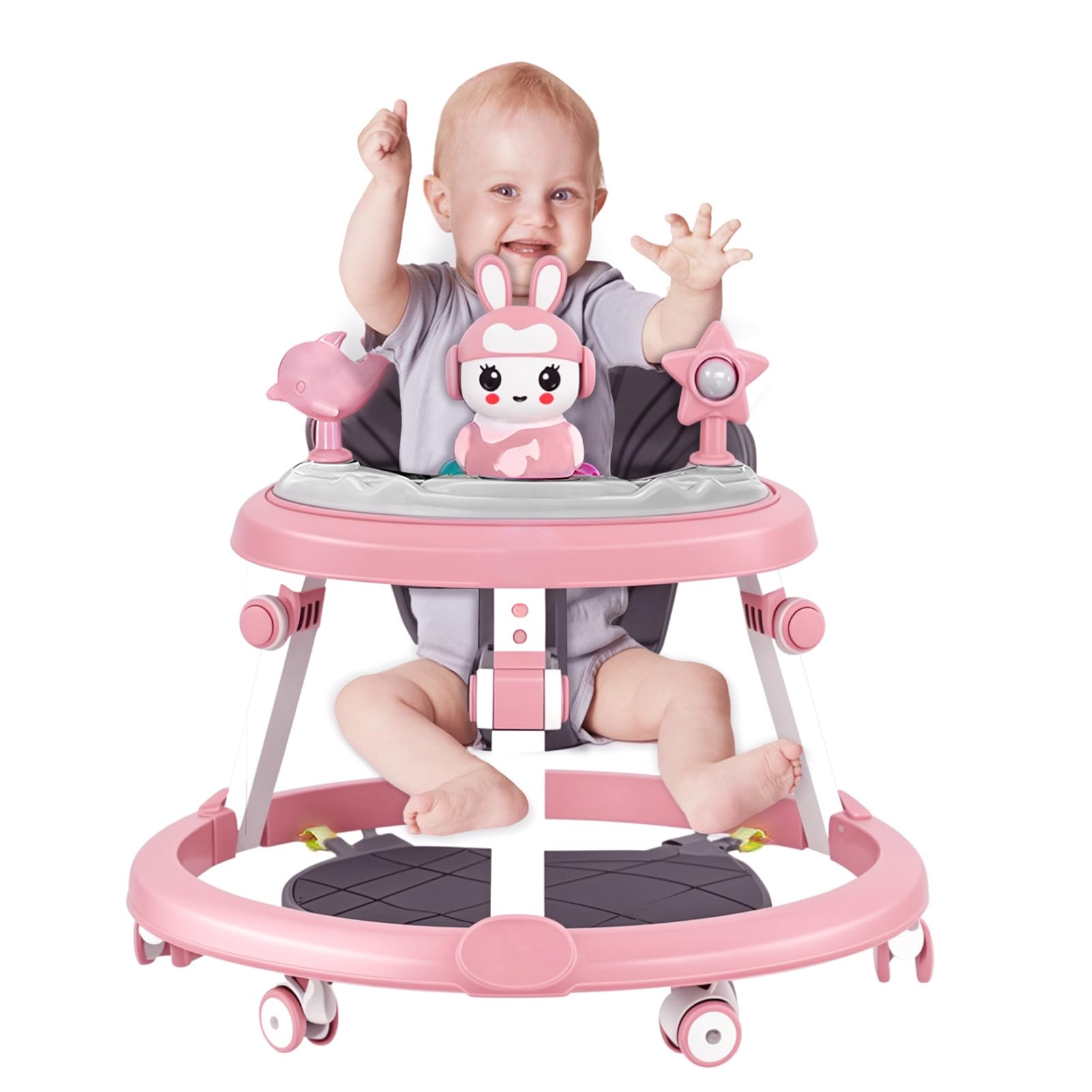 ohfruit Foldable Baby Walker with Mute Wheels, 7-Level Height Adjustable Anti-Rollover Design, Learning Activity Center for 6-18 Months Pink
