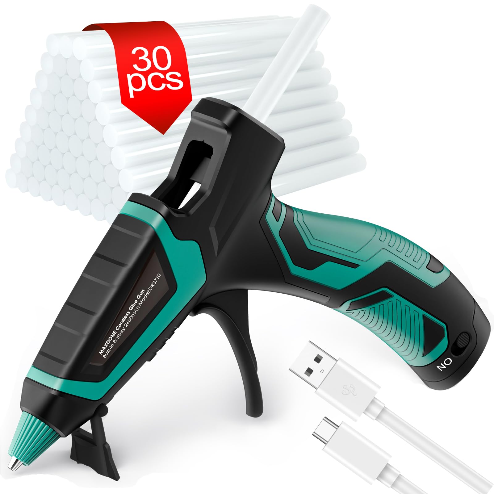 MAXDONE Heißklebepistole Akku + 30 Heißklebesticks, USB Typ-C