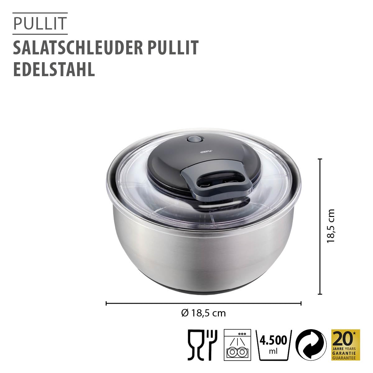 GEFU Salatschleuder PULLIT mit Frischhaltedeckel, Edelstahlschüssel 4,5 l mit Seilzug, Stoppknopf und Silikonboden - spülmaschinengeeignet