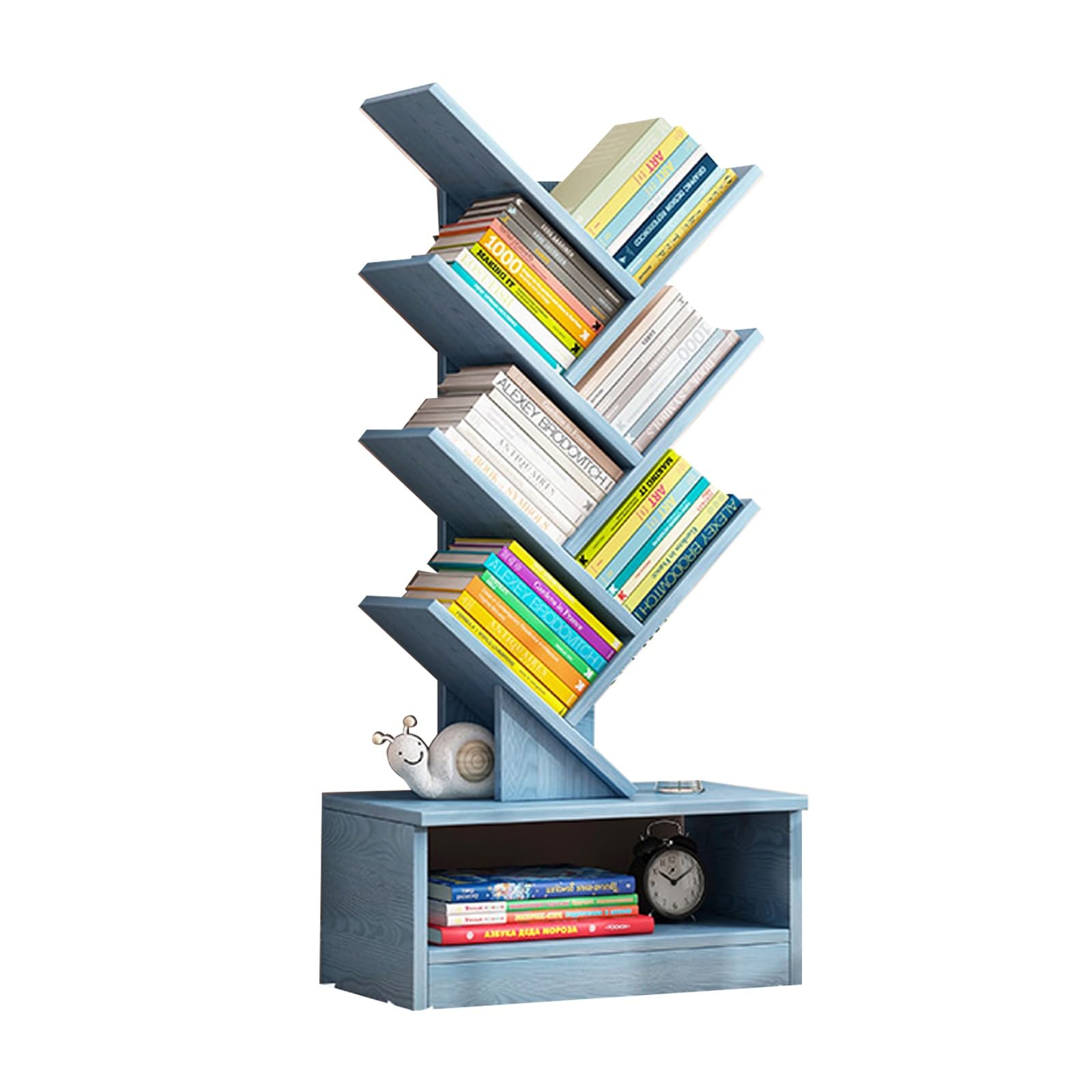 ASerZenith Modern Tree-Shaped Bookshelf Blue 39.4In Storage Rack With Anti-Tip Design For Books & Cds Stylish Furniture For Bedroom/Living Room Organization