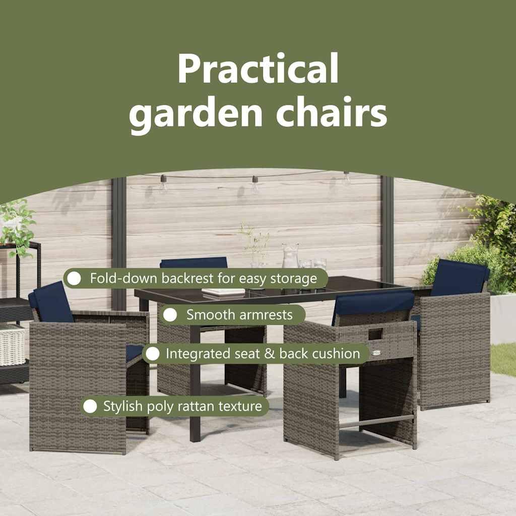 vidaXL 5-Teiliges Patio-Stuhlset mit Kissen Grau Poly-Rattan Outdoor-Sitzmöbel faltbare Stühle abnehmbare waschbare für Balkon Oder Garten-Essen PE 4-Sitzer Alfresco Bequeme Möbel Modern