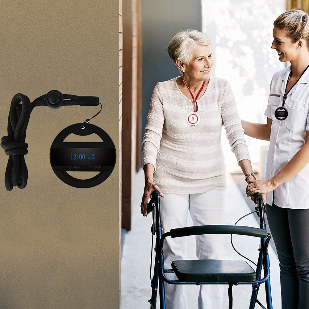 Caregiver assisting an elderly person, both wearing the SINGCALL pager system.