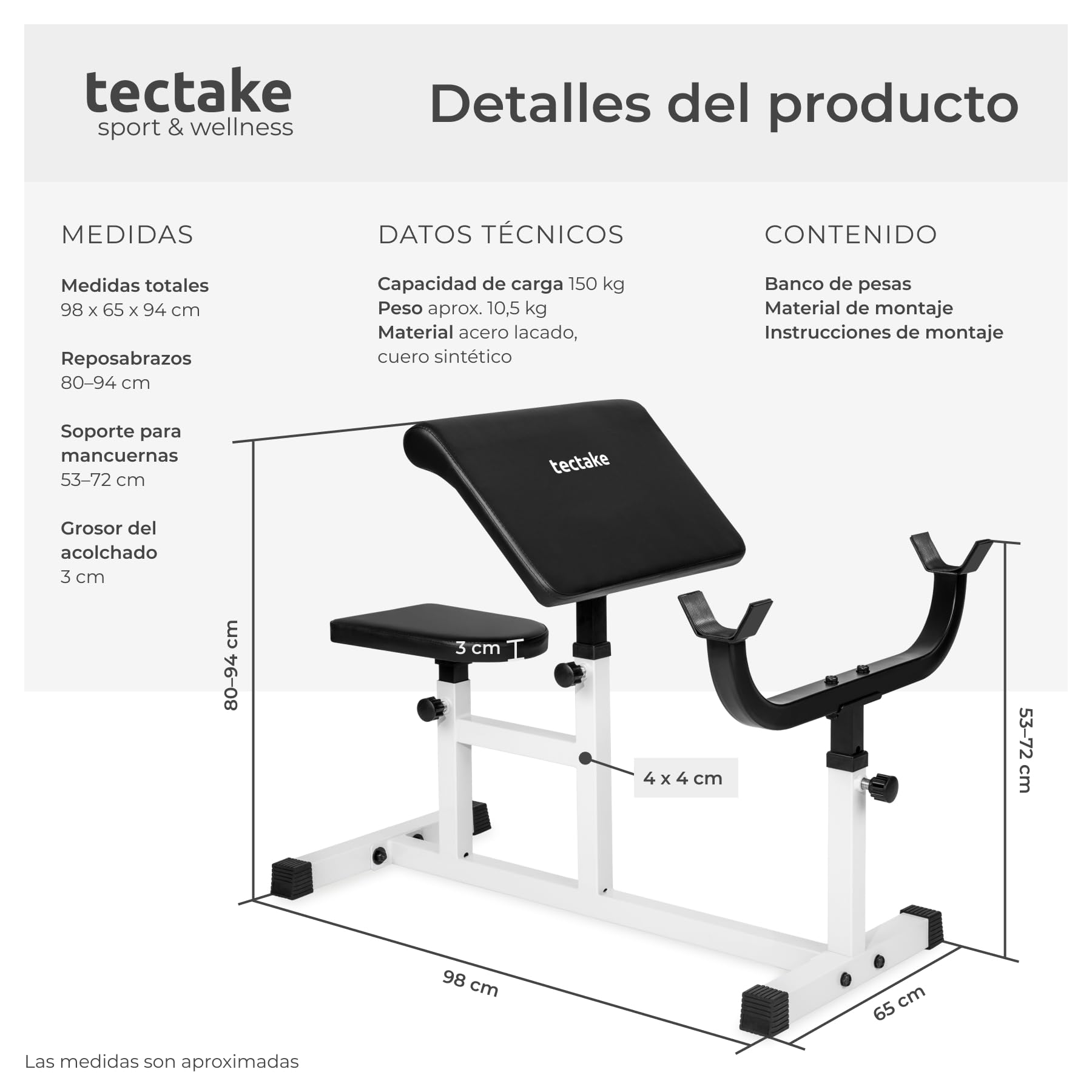 tectake® Banco Musculación, Banco de Pesas para Barra Gimnasio, Estructura de Acero Resistente, Asiento y Apoyabrazos Ajustables - Carga Máxima: 150 Kg