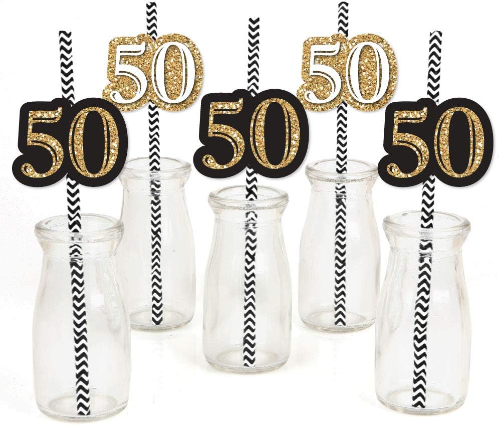 Adult 50th Birthday - Gold - Paper Straw Decor - Birthday Party Striped Decorative Straws - Set of 24