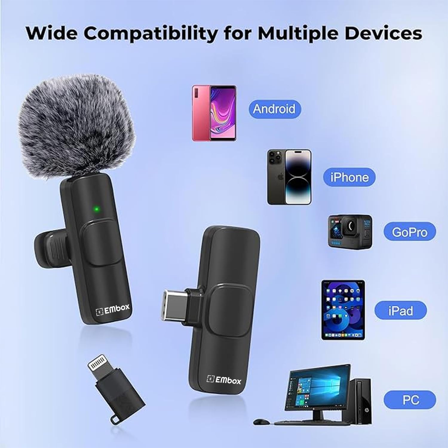 EMBOX Wireless Mic for YouTube with LED Indicator, Plug & Play Lavalier Microphone, 3-Level Noise Reduction, Type-C, 20M Range, 4H Playback for Vlogging, Podcasting & Content Creation — Amazon image 4