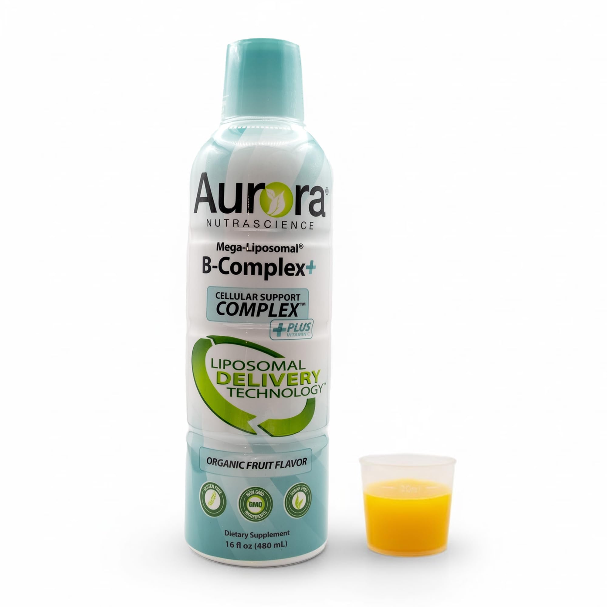 Aurora Nutrascience Mega-Liposomal B-Complex + Vitamin C, Supports Energy, Immune & Nervous System Health, Gluten Free, Non-GMO, Sugar-Free, Organic Fruit Flavor, 32 Servings, 16 Fl oz