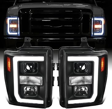 Ronnin - Fits 2008-2010 Ford F250 F350 F450 F550 Super Duty LED Tube Projector Headlights Assembly Pair | Black