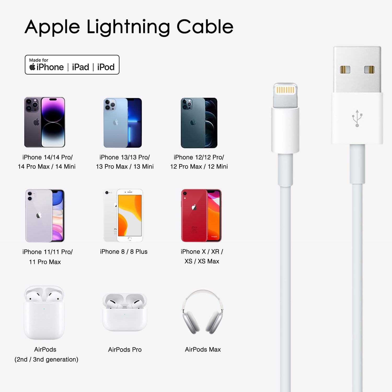 Cable USB A a Lightning para iPhone 14, cable Carplay para iPhone 14, 14 Pro Max, 13, Plus, SE 2nd/12/11/Xs/XR, iPad 4/5/6/7/8, Mini 2/3/4/5, cable de carga Air 2/3, cable de carga para coche (10
