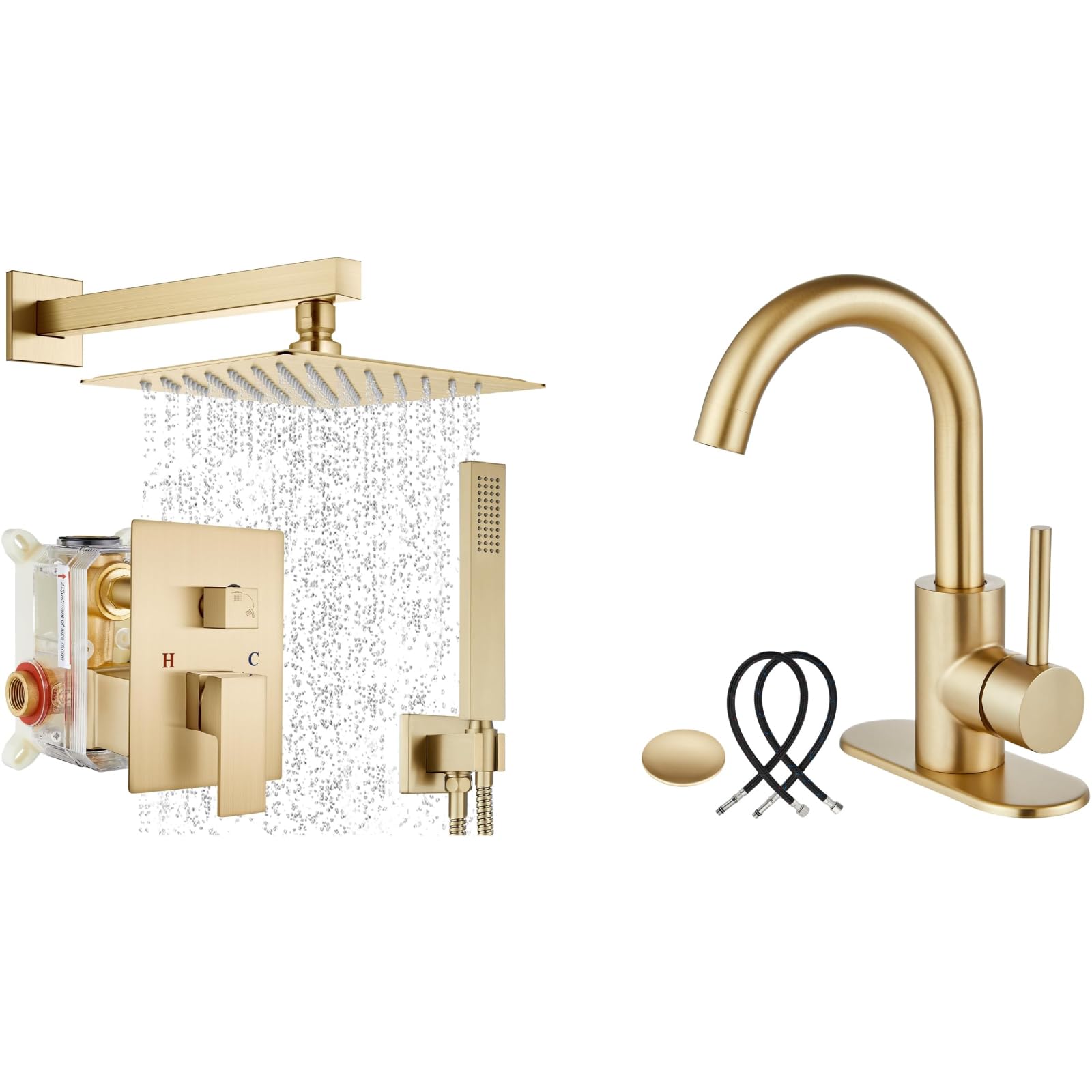 Hcfyauis Gold 10 Inch Brushed Wall Mount Square Rainfall Shower Head Shower Faucet Set With Hand Sprayer With Brushed Wet Bar Sink Faucet Single Handle Bathroom Kitchen Faucet 1 Hole Faucet