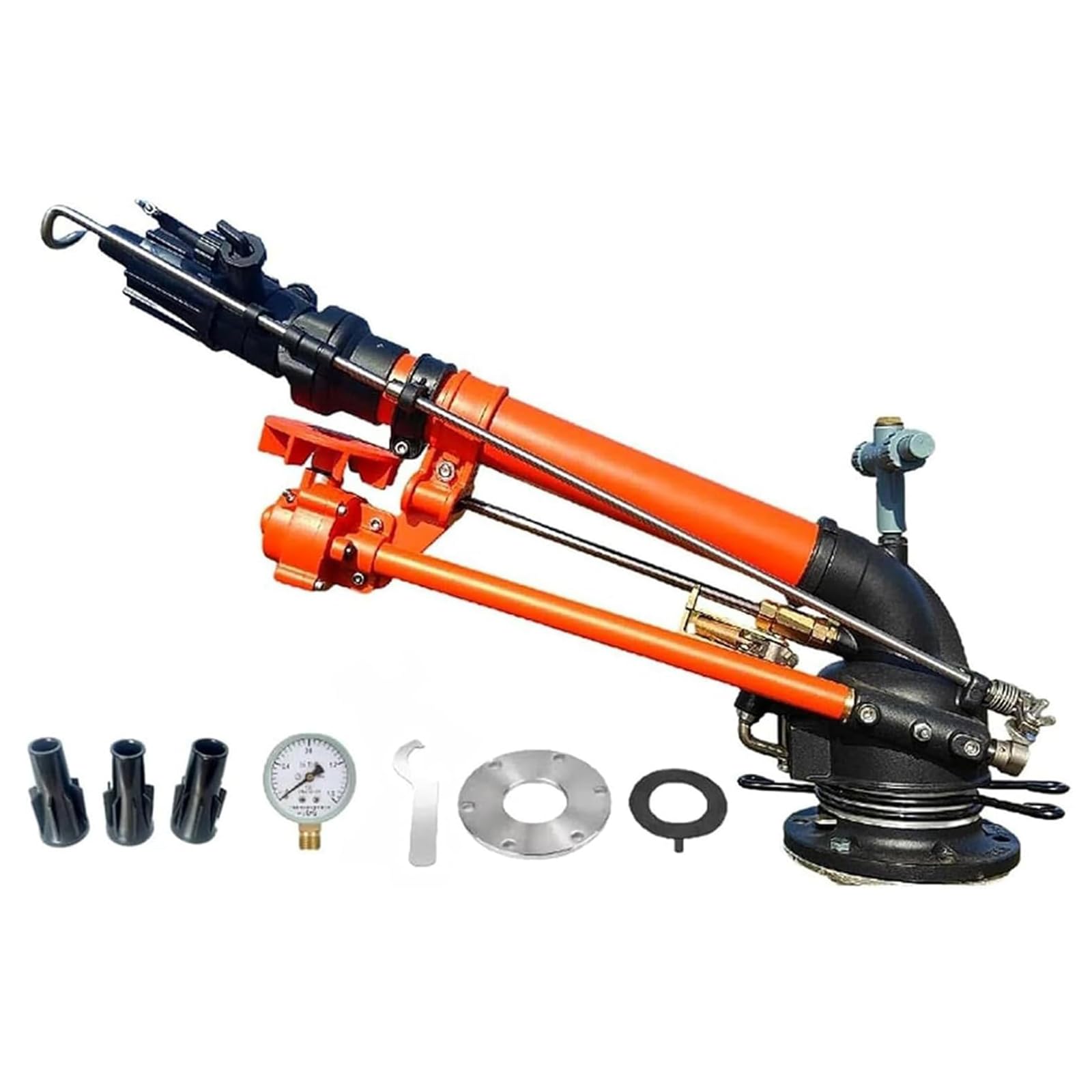 Aspersor de impacto con manómetro, elevación ajustable 0-48°, rango 50-110m, boquilla de 16-22 mm, para riego de jardín de césped de granja