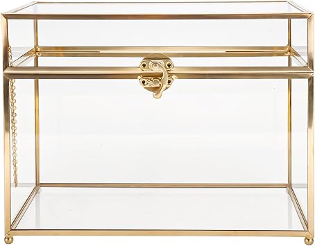 HighFree Glass Card Box, Large Clear Card Box for Wedding Receptions, Decorative Storage Box for Baby Shower, Birthday Party, Bridal Shower Without Slot, Gold