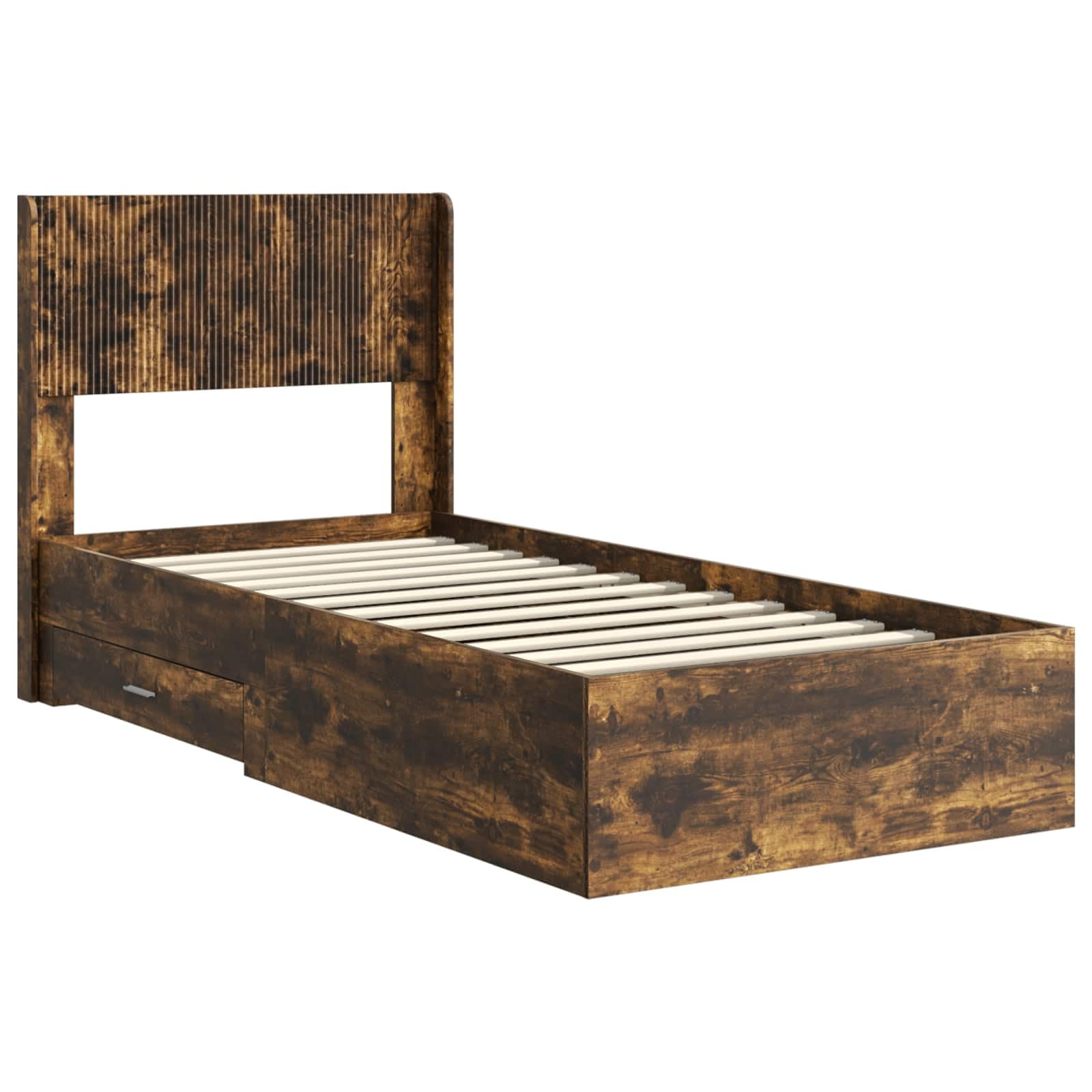 Rama de cama con almacenamiento y cabecero Rovere Fumo 105x203 cm somier de listones fijos compartimentos integrados estructura moderna madera ingenierizada soporte 140 kg fácil montaje
