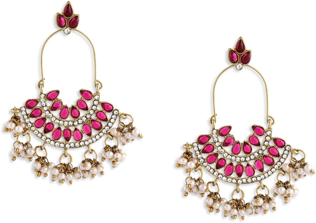 Pink Kundan Austrian Diamonds & Beads Dangle Ethnic Earrings For Women - ZPFK1194