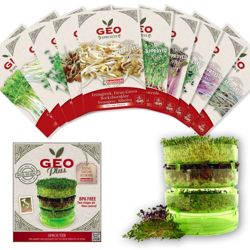 Kit de Germination GEO Plus 3 Niveaux – Excellente qualité & très haute germinabilité | Germoir plastique sans BPA (couvercle + base d’égouttage) |10 Graines à germer bio longue conservation (250 g)