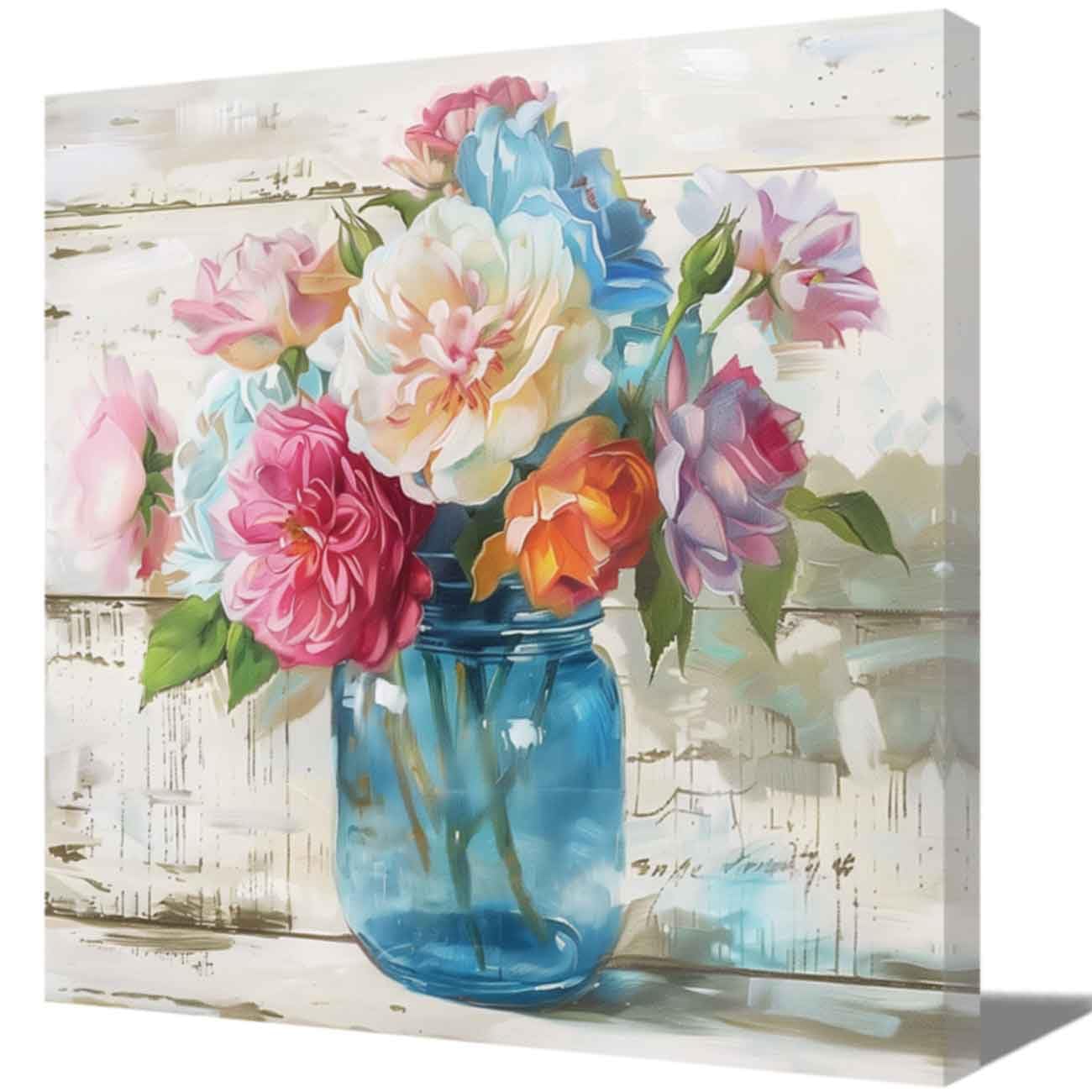 ZQQART Colorful Peony Flower Canvas Wall Art Blooming Hydrangea Floral in a Vase Picture Prints Farmhouse Botanical Theme for Home Wall Decor (blue,16.00" x 16.00")