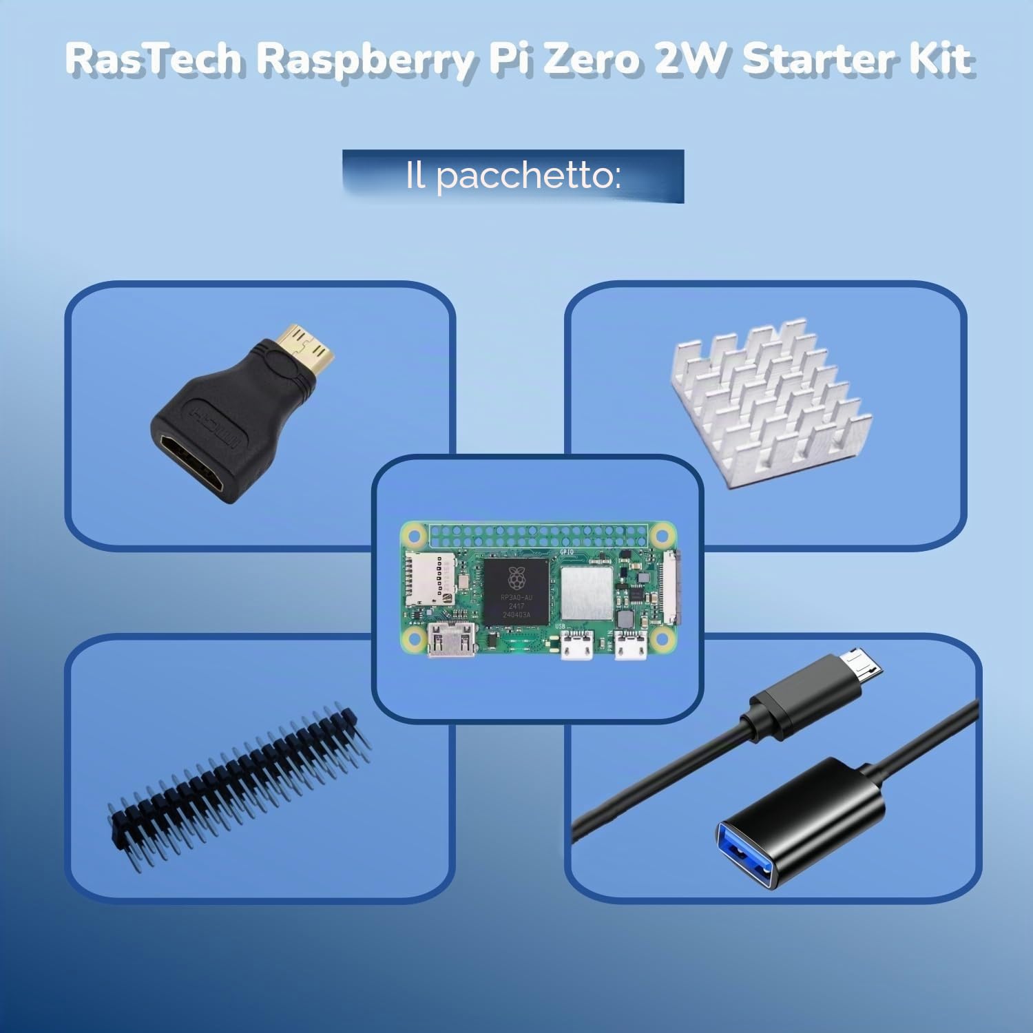 RasTech Raspberry Pi Zero 2W Kit con Pin Header, Dissipatore di Calore in Alluminio, Cavo Micro USB OTG, Mini Adattatore HDMI-HDMI (con CPU Quad-Core, Bluetooth 4.2, BLE, Antenna integrata ecc.)