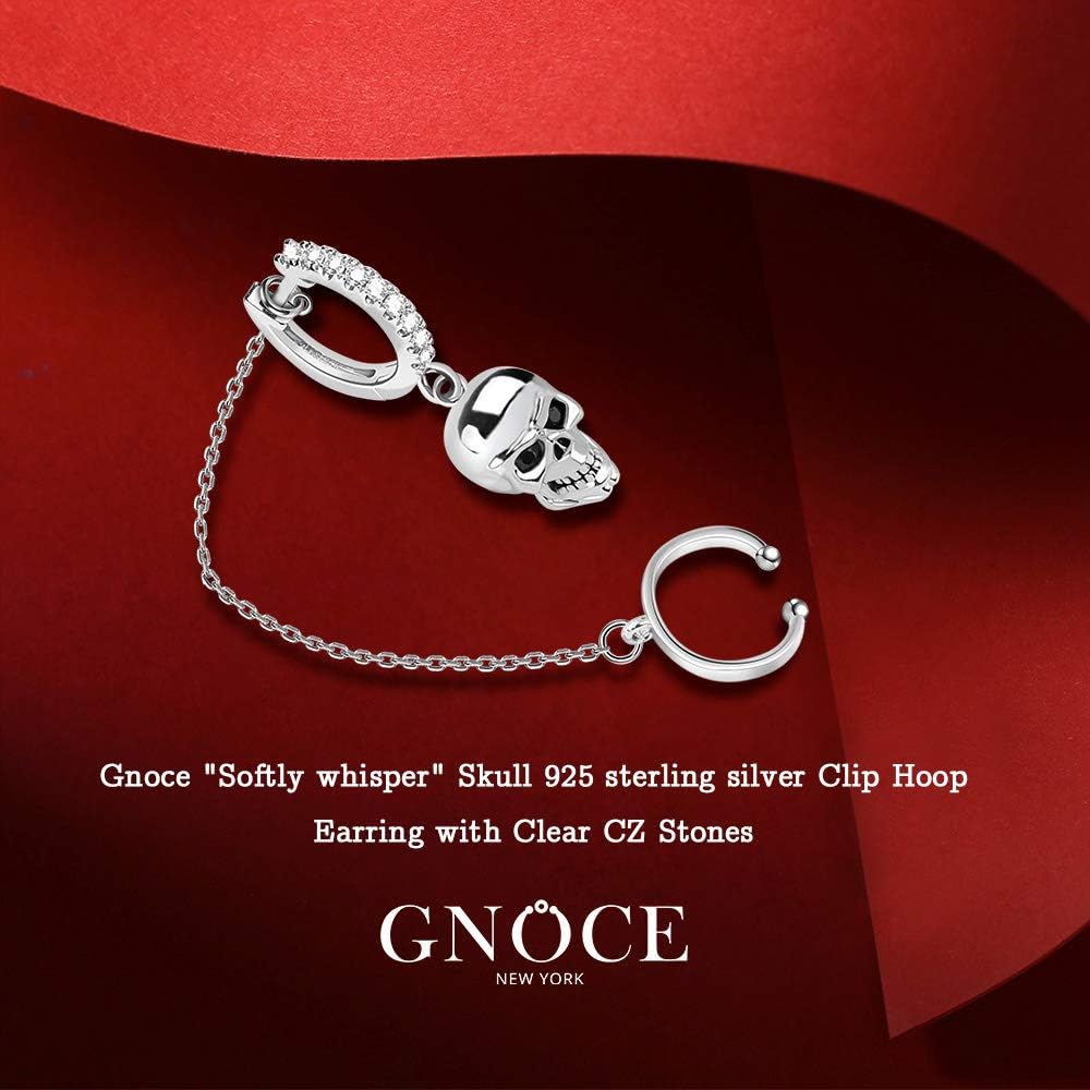 Gnoce Skull Clip Hoop Earring Sterling Silver "Softly whisper" Dangle Earrings with Cubic Zirconia Fashion Drop Earrings Jewelry for Women Men (1Pcs)