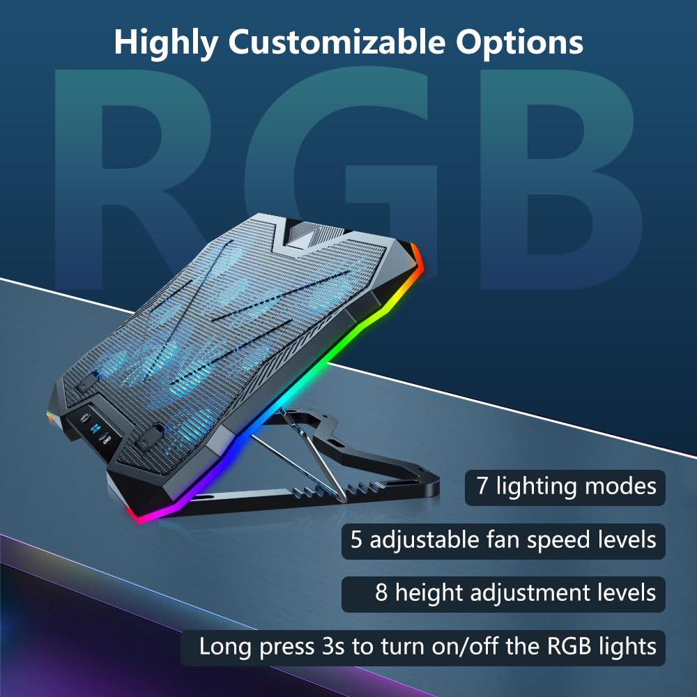 G-STORY RGB Base di raffreddamento per computer Portatile,per 12-18" Laptops, con 8 supporti regolabili in altezza, 10 ventole silenziose, 1 porte USB