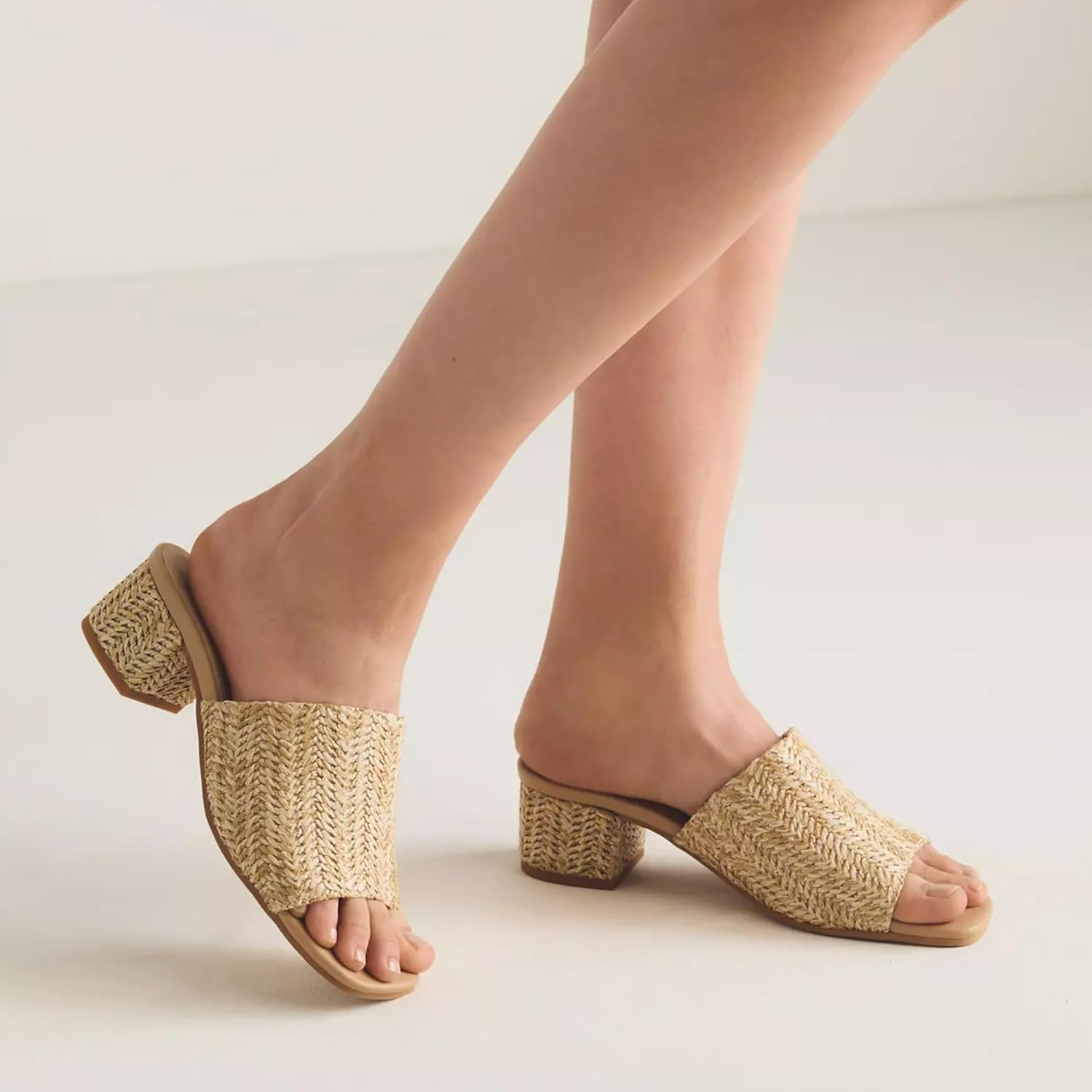 MeiLuSi Raffia Heeled Sandals for Women Chunky Block Heeled Mules Square Open Toe Summer Heels Vacation Dressy Shoes Beach Slides Slip On - Image 6