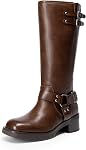 DREAM PAIRS Women's Knee High Boots Square Toe Motorcycle Boots Chunky Low Heel Fashion Buckles Biker Riding Boots with Side Zipper