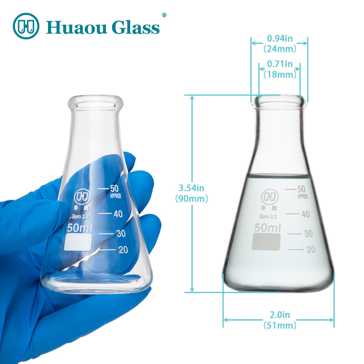 50ml Glass Erlenmeyer Flask Set, Narrow Mouth Graduated Flasks, 3.3 Borosilicate Glass, Ideal for Laboratory, Classroom or Home Use, HUAOU, Pack of 6 — Amazon image 2