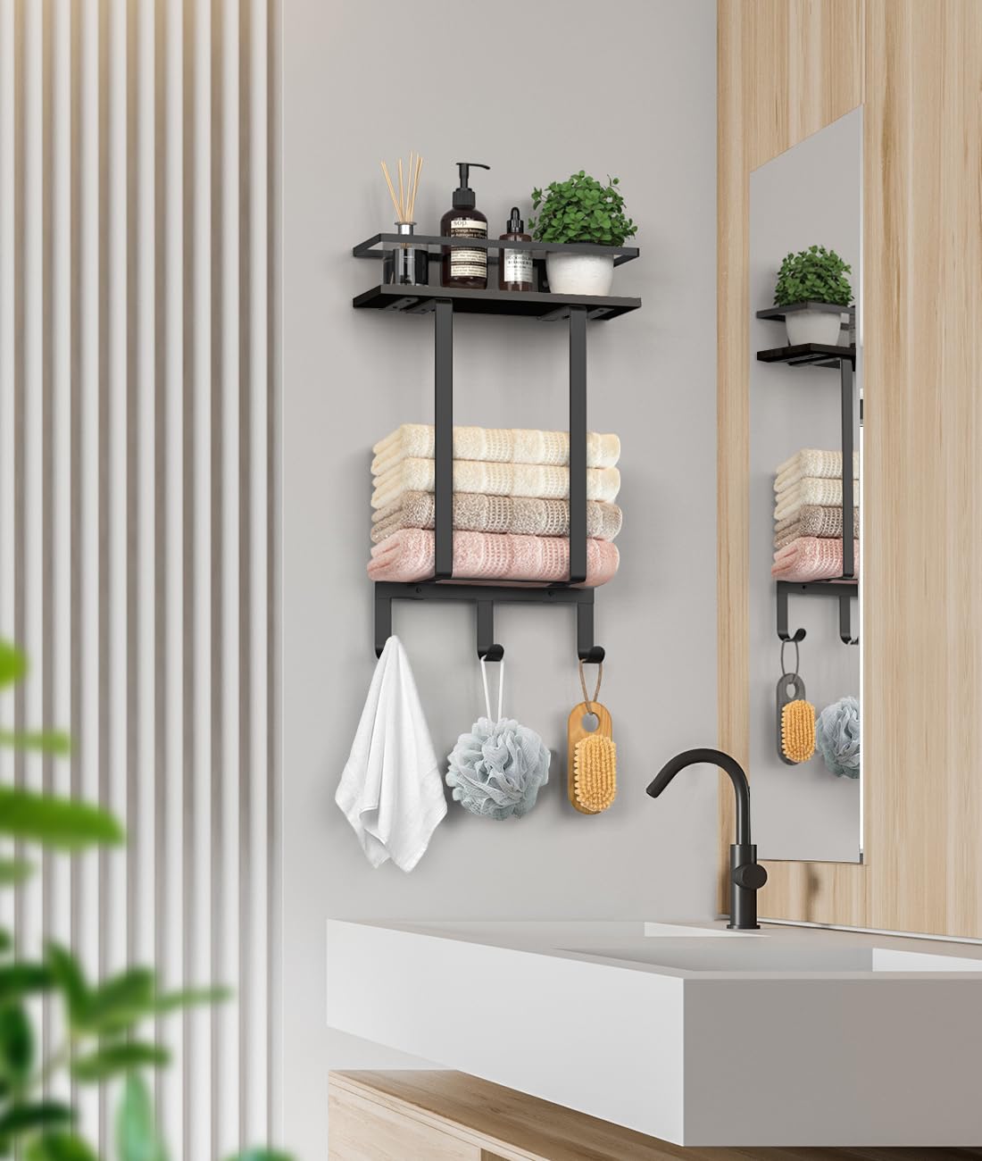 Luxspire Porte-Serviettes de Salle de Bain Mural, Support Serviettes de Bain avec 3 Crochets, Étagère de Rangement de Bain Peut Contenir 3 Serviettes Roulées pour Gel Douche Shampoing, Noir