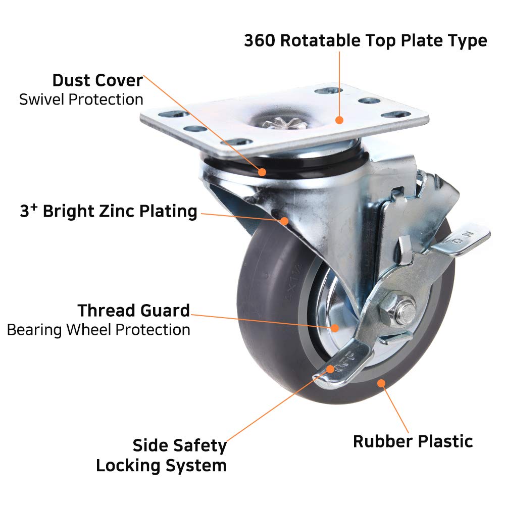 [T-REX CASTER] 4inch Heavy Duty Casters, All Swivel Plate Caster Wheels with Safety Side Locking and Rubber Plastic Load Capacity - 840 Lbs Per Caster (Pack of 4) Unversal Fit. P504S-4B