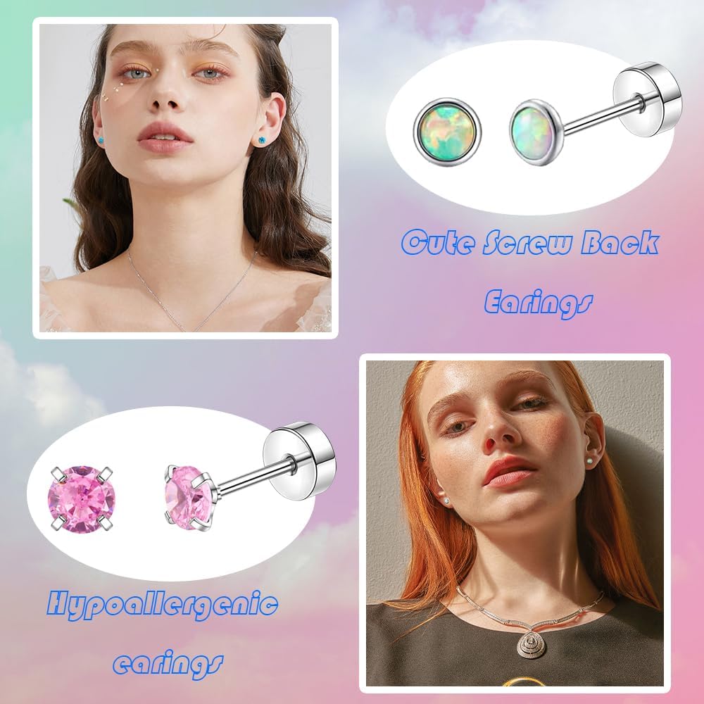 MOZAKA 23 Pairs Hypoallergenic Titanium Earrings for Women Cute Heart CZ Flower Pearl Ball Tiny Flat Back Earrings G23 Titanium Earrings for Sensitive Ear - Image 3