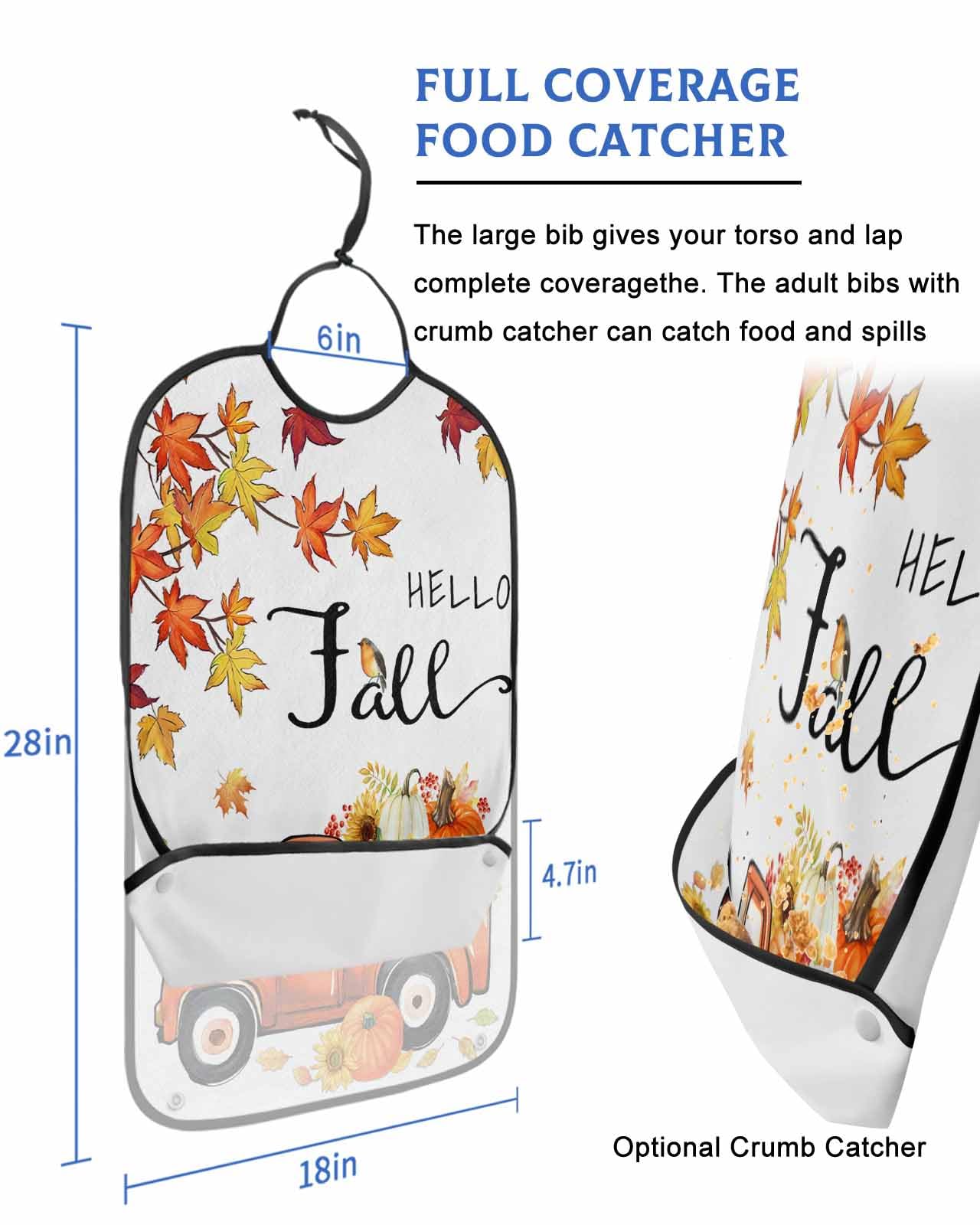 LEOKOTI Hello Fall Adult Bibs for Eating, Waterproof Bibs with Food Catcher & Adjustable Snap Closure, Thanksgiving Truck Pumpkins Botanical Washable Clothing Protectors Adult Bibs for Elderly