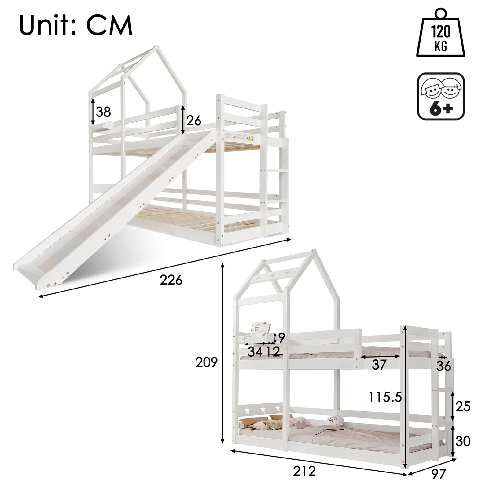 Weiß Kinderbett 90 X 200 cm Baumhaus Mit Rutsche Und Leiter, Hochbett Für Kinder– 2X Lattenrost