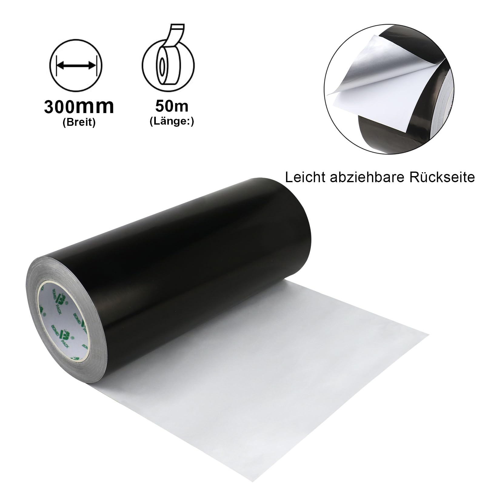 BOMEI PACK Czarna aluminiowa taśma klejąca 300 mm x 50 m – odporna na wysokie temperatury taśma izolacyjna – aluminiowa taśma klejąca do izolacji – taśma uszczelniająca – samoprzylepna taśma