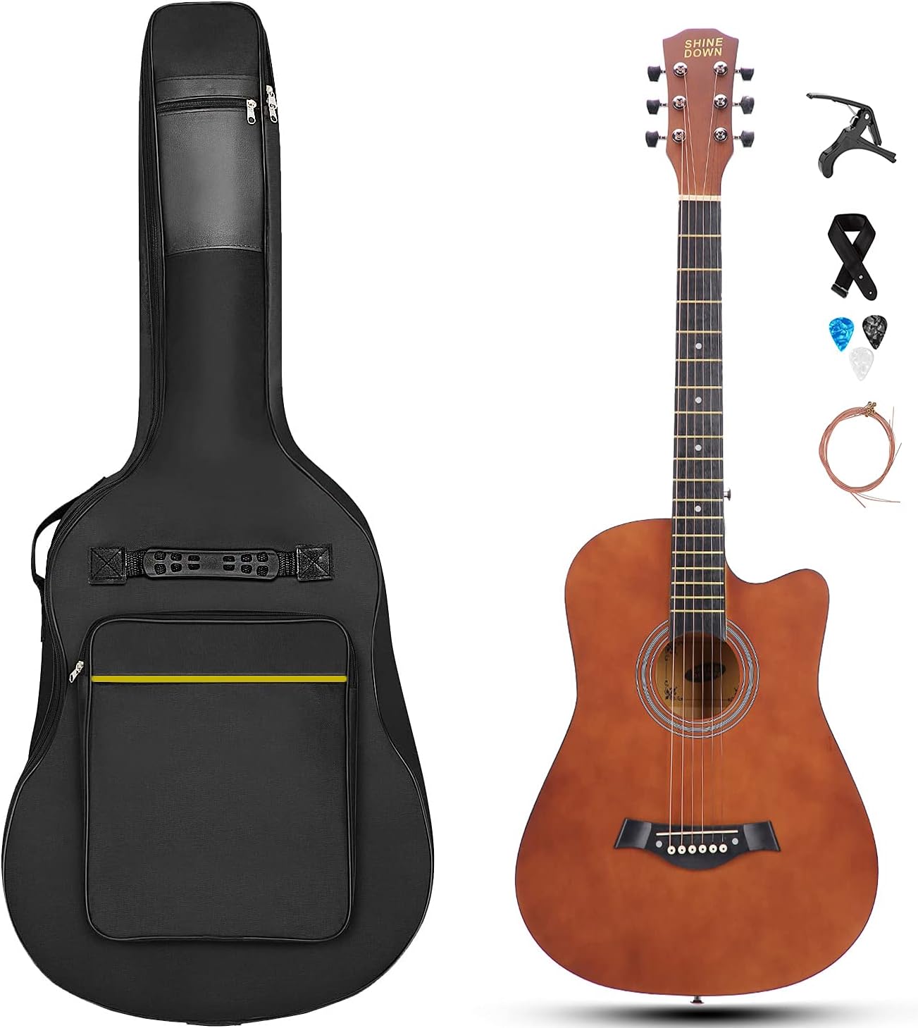 SHINEDOWN 38 inch Acoustic Guitar in Full Size Black Beginner All Wood Cutaway Starter Set with Free Bag/Tuner/Capo/A Pack of Strings/Strap/3 Single Strings/Cloth/Picks/String Cutter/Tutorial