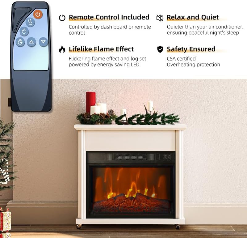 Electric Fireplace with Mantel 23" Electric Fireplace Insert, Wooden Surround Firebox TV Stand with Log & Remote Control, 750W-1500W, White