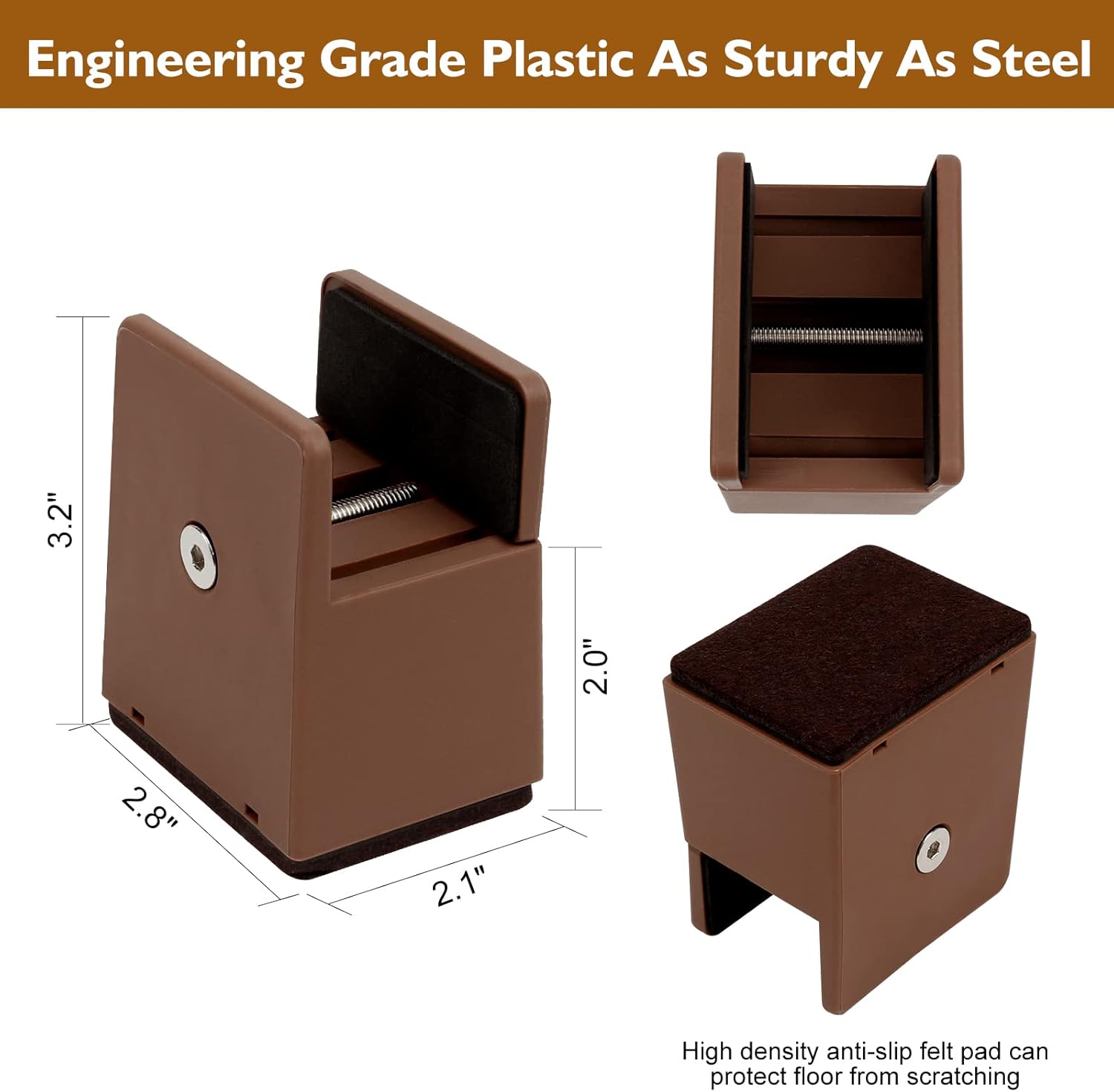 Bed Risers 2 Inch with Adjustable Screw Clamp, 4 Pack Heavy Duty Furniture Risers, Supports up to 5,000 lbs, Fits Furniture Legs with Thickness from 0 to 1.3 Inch(Brown, Type-S)