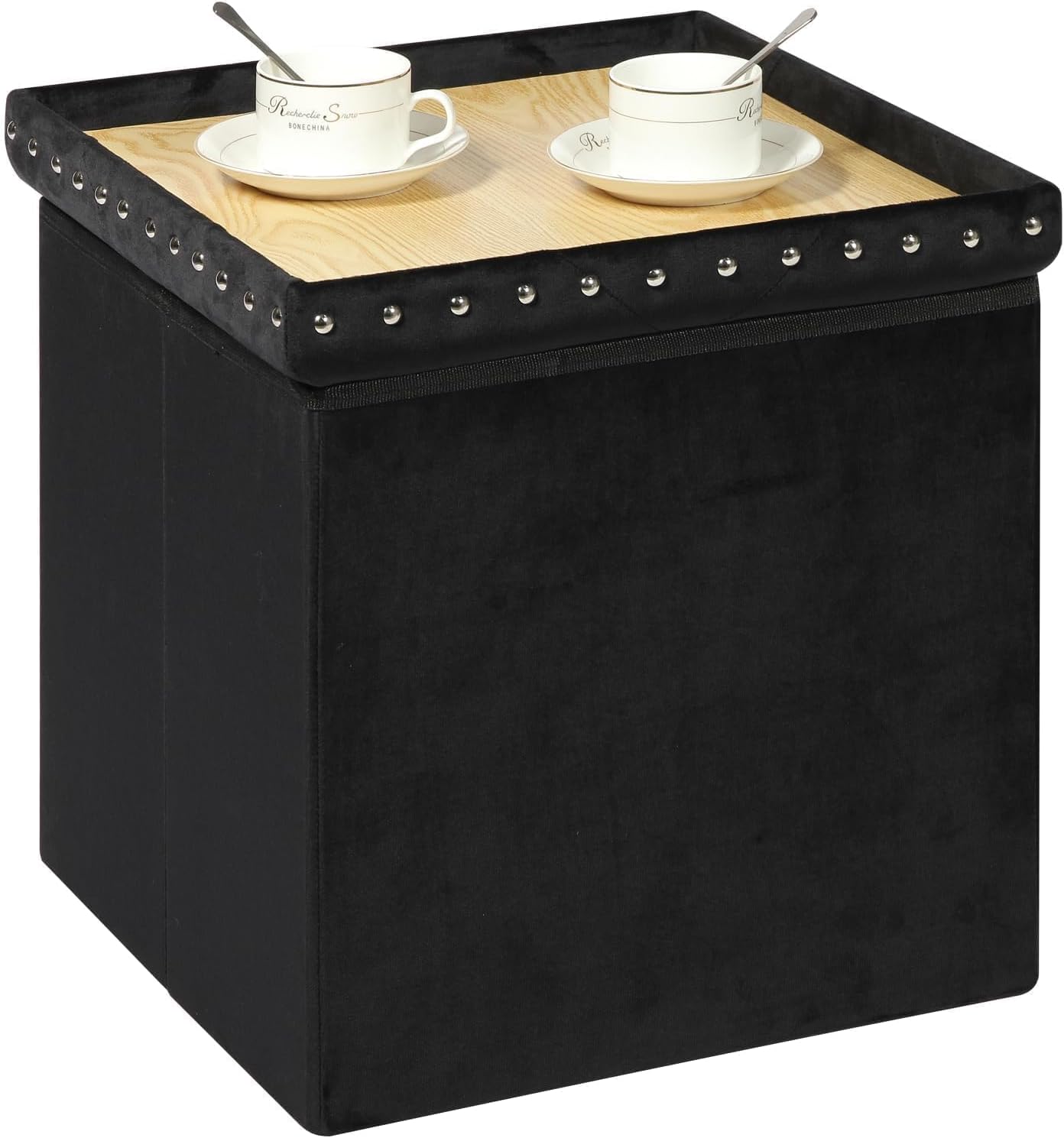 B FSOBEIIALEO Storage-Ottoman Cube-Folding Tufted - Ottomans with Storage, Coffee Table Top Cover, Footrest Stool for Bedroom, Luxury Velvet Fabric 15.7 Inches Black Black 15.7x15.7x15.7 inches