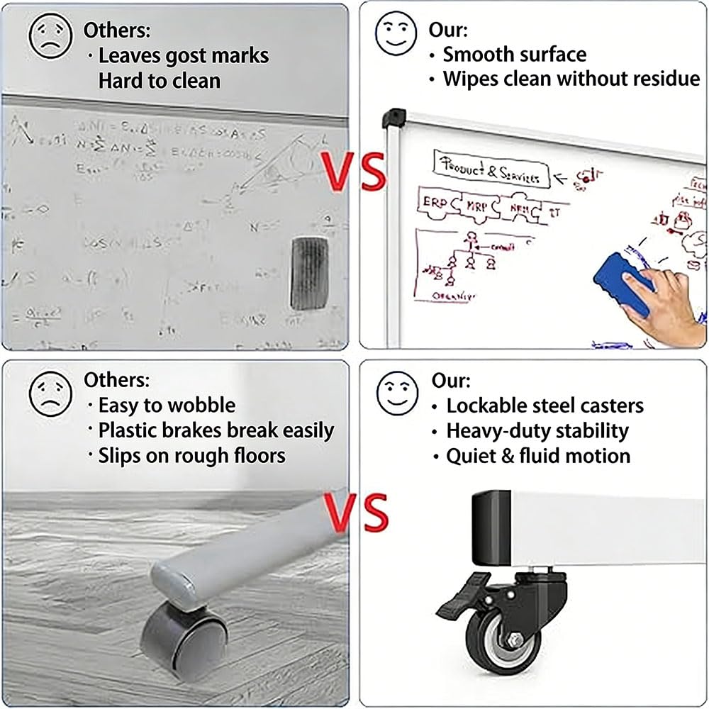 Pizarra Blanca Móvil de Doble Cara con Soporte Ajustable,Superficie Magnética Borrable,Incluye Rotuladores y Accesorios,para Oficina, Aula, Hogar
