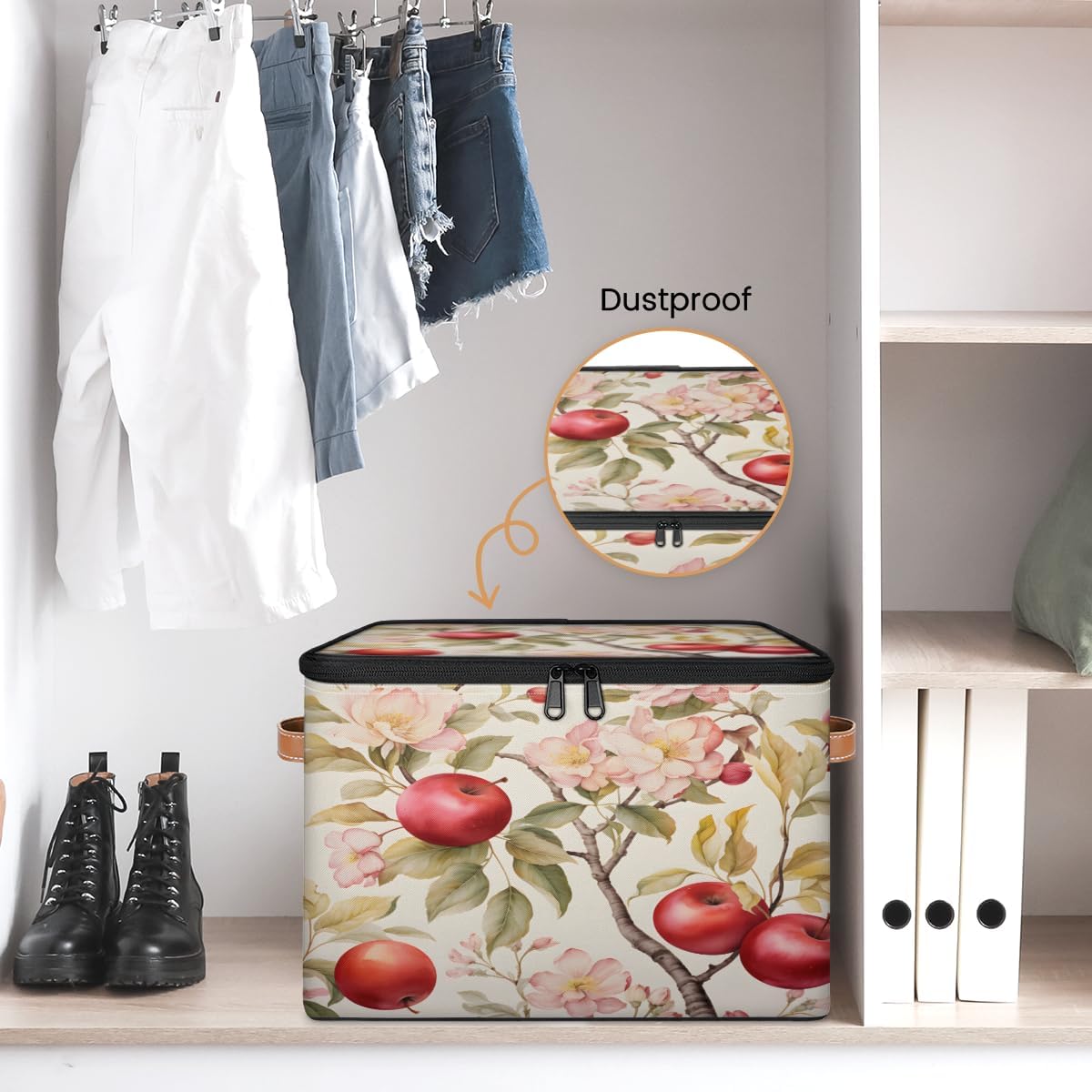 Storage Bin Set of 2 Flower Apples Storage Basket with Zipper Lid & Handle Foldable Closet Shelf 2 Pack Cloth Organizer Basket Cube Bins Clothes Organizer for Nursery, Bedroom
