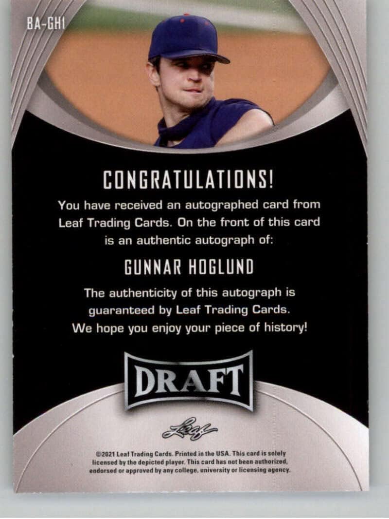 2021 Leaf Draft Autographs #BA-GH1 Gunnar Hoglund RC Rookie Card Auto Autograph XRC Draft/Prospect Baseball Card in Raw (NM or Better) Condition