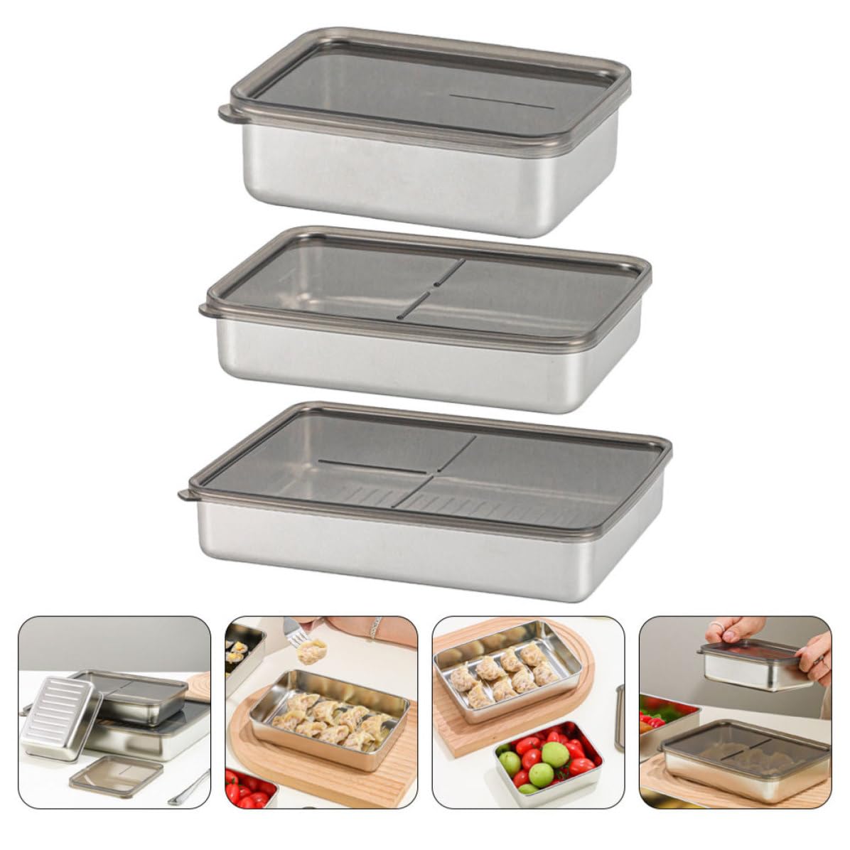 3 Pièces Boîte de Rangement Alimentaire Empilable et Gain de Place en Acier Inoxydable 304 avec Couvercle Transparent pour Ingrédients et Snacks Cuisine