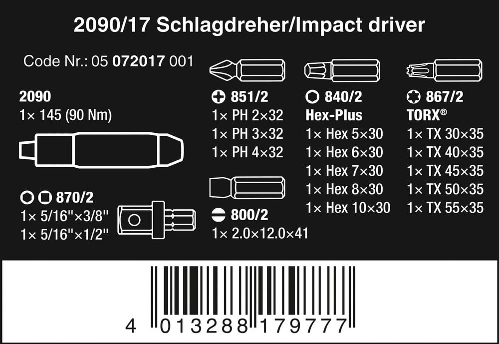 Wera Schlagschraubendreher-Satz 2090/17, 90 Nm, 5/16 Zoll, 17-teilig