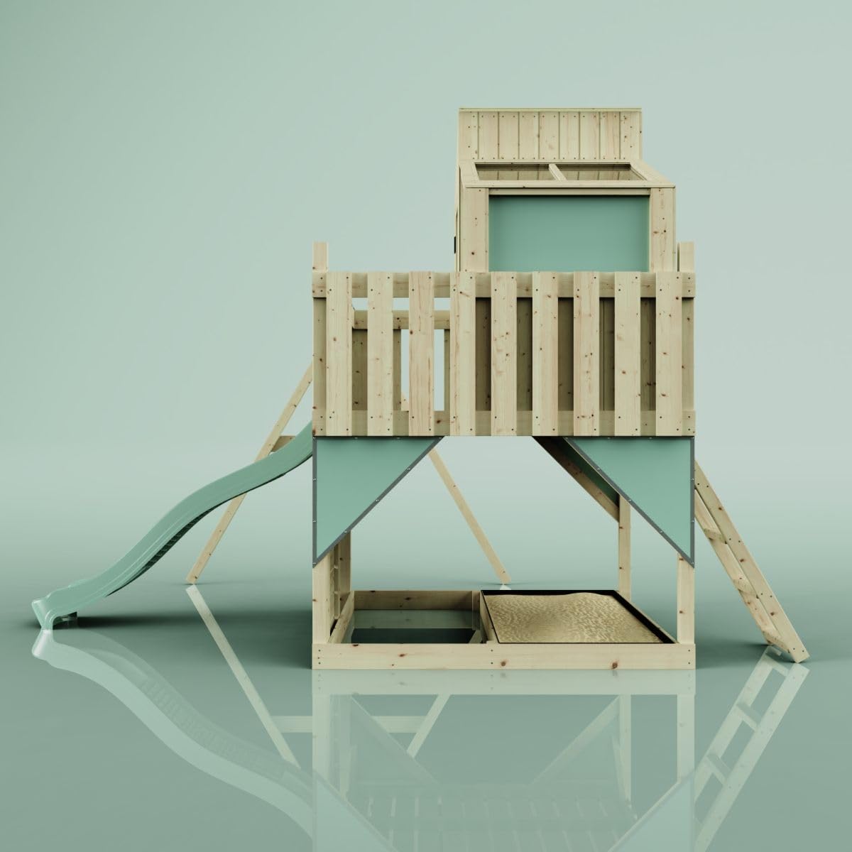 Rebo Spielturm mit Spielhaus inkl. Wellenrutsche, Outdoor Klettergerüst Garten, Kletterwand und Kletterleiter,Mintgrün