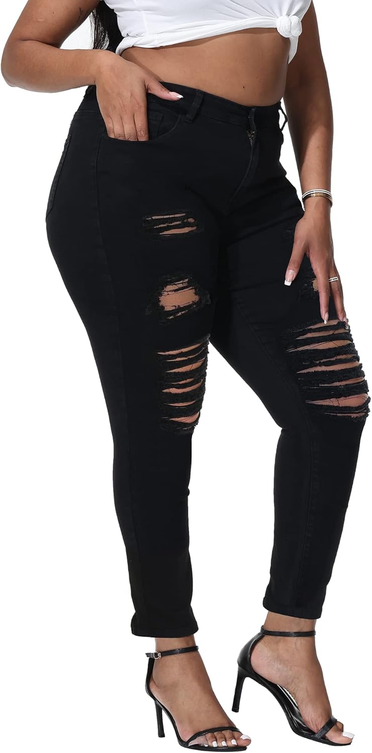 Womens Plus Size Skinny Jeans Stretchy High Waisted Ripped Distressed Ankle Jean - Image 5