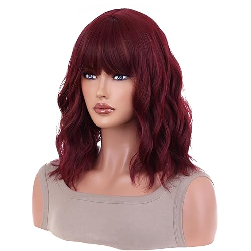 Pelucas cortas de color rojo vino con flequillo, peluca corta rizada ondulada borgoña para mujer, peluca de fibra sintética para uso diario, fiesta,