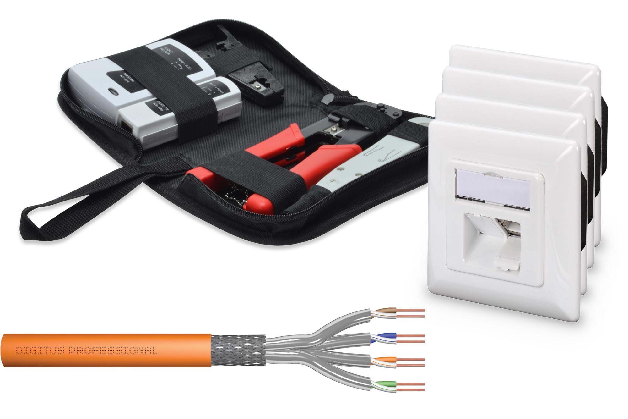 DIGITUS Set: Cat-7 Verlegekabel 50 m + 4x Netzwerkdose Cat-6A (2-Port) + Werkzeug-Set // LAN-Kabel Installationskabel Cat.7 S-FTP PiMF Simplex BauPVO Dca LSZH Halogenfrei 1200 MHz Kupfer AWG 23/1