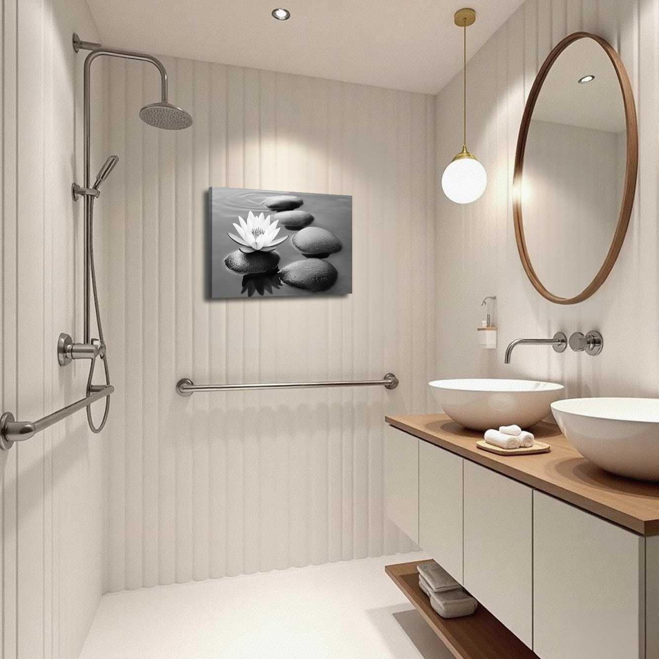 BJYCHG Zen Pictures for Bathroom Black White and Gray Bathroom Wall Art Zen Stone and Lotus Flower Canvas Prints Water Artwork for Spa Room Decor Frame (16L x 20W)